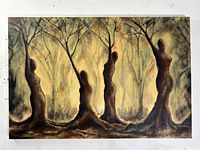 Front image of the oil painting showing female figures merged as tree forms in a glowing forest with muted earth tones