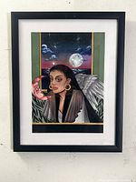 Framed original acrylic painting by Reagan Mauldin depicting a winged female figure, crescent moon with face, and moonlit seascape background.