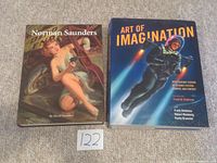 Photo of two large hardcover art books on the floor, 'Norman Saunders' on the left with a vintage pulp illustration cover and 'Art of Imagination' on the right with a space explorer cover.