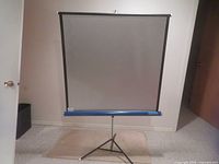 Front view of the fully assembled 40x40 inch Pioneer Lenticular projector screen on tripod stand.