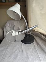 Lamp with adjustable magnifier attached to a flexible metallic arm, with black round base and conical white shade.