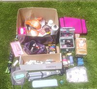 Full lot of personal care and beauty items arranged on grass, showing contents in boxes and bags