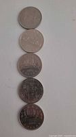 Reverse sides of five Canadian dollar coins.