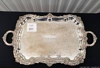 Top view of Gorham silver-plated serving tray showing full shape, handles, engraved surface