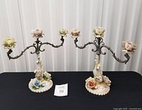 Full view of both Capodimonte 3-arm candelabra on table