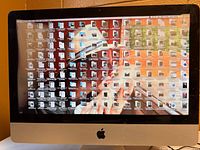 Front view of iMac computer powered on showing desktop screen with many icons and a background image.