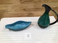 Blue Mountain Pottery vase and Beauceware dish on tabletop