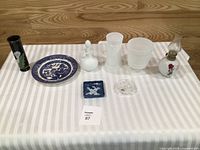 Group shot of all eight items on striped tablecloth