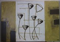 Full view of the abstract painting showing white central panel with black and gold linear motifs and surrounding yellow-beige background with black blocks.