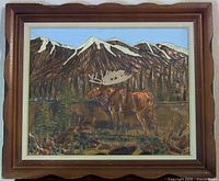 Full view of the framed painted copper relief artwork showing a moose in a mountainous forest setting.