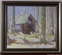 Framed folk art painting showing wood shed in a forest, colors and details of shed and trees visible
