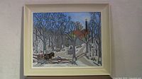 Full view of framed folk art painting showing the winter sugar bush scene with figure and horse on snow-covered path, bare trees with sap buckets, stone well, and sugar shack with red roof.
