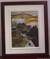Full view of the framed acrylic painting showing the Quebecois village landscape