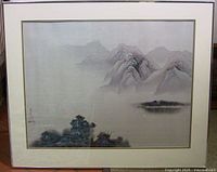 Full framed lithograph showing entire artwork with misty mountains, boats on water, and islands.