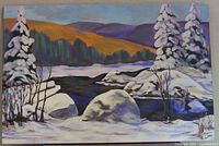 View of entire landscape painting showing snow-covered pine trees, large snow-covered rocks, and distant hills.