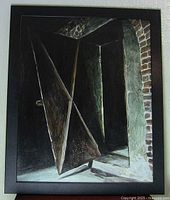Full front view of framed acrylic painting showing brick archway and wooden door.