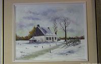 Frontal view of the acrylic painting showing a house, wagon and trees in a winter landscape with snow covering the ground and roof, framed under glass.