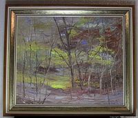 Full view of the framed acrylic painting depicting a Canadian autumn landscape with trees, signed 'Labelle'