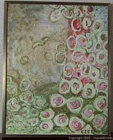 Frontal photo showing the full acrylic painting on canvas with floral abstract pattern and frame.