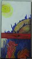 Full view of the painting showing rooster, sun, and background with blue and brown tones
