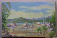 Full view of the original acrylic on canvas painting showing boats in a harbor with mountains in the background.