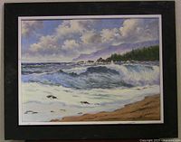 Framed view of entire painting showing coastline, surf, sky and surrounding frame