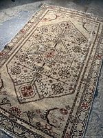 Photo of entire Zanjan wool rug showing natural beige base with dark brown and muted red geometric motifs and border design.