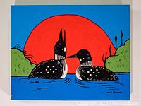 Frontal view of the painting on white background showing two loons and red sun