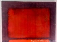 Front view of the abstract color field print showing red-orange block and purple border