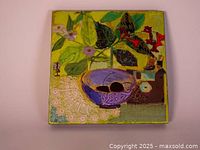 Front view of abstract modern painting on wood, featuring botanical elements and a bowl with fruit in purple hues.