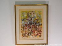 Framed watercolour front view showing abstract birch forest with mat and gold-tone frame