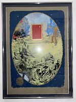 Full view of the framed signed and numbered lithograph showing a group of people reclining with blue oval background, artistic motifs including biblical and traditional themes.