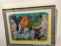 Full view of framed lithograph with colorful abstract human figures, tree and design elements