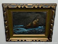 Front view of Tiffany hand-painted engraving showing ship in stormy sea and carved wood frame.