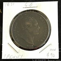 Obverse side of the 1831 Great Britain King William IV One Penny coin showing the portrait of King William IV with inscription.