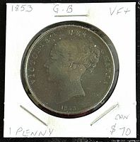 Obverse side of 1853 GB Queen Victoria One Penny coin showing Queen Victoria's profile and date.