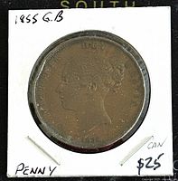 Obverse side of the 1855 Great Britain Queen Victoria Penny showing Queen Victoria's profile and date 1855.