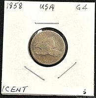 Obverse side of the 1858 Flying Eagle penny in G4 condition showing the flying eagle design.