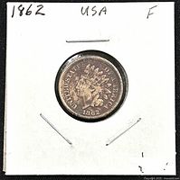 Front view of 1862 US Indian Head penny showing Native American head with feather headdress and date 1862