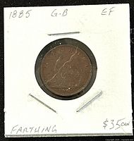 Obverse side of 1885 GB Queen Victoria Farthing coin showing Queen Victoria portrait and details in EF condition.