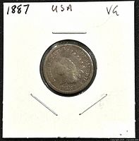 Obverse side of 1887 US Indian Head penny showing Indian Head design and date.