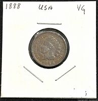 Obverse side of the 1888 US Indian Head penny showing the Native American head and date 1888 in VG condition.