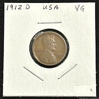 Obverse side of the 1912 D Lincoln penny showing Abraham Lincoln's profile and date 1912 with mint mark D.