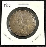 Front side of the 1920 King George V one penny coin showing seated Britannia and date.