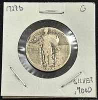 Obverse side of 1929D Standing Liberty Quarter Dollar coin showing Liberty figure and date