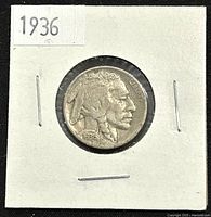 Obverse side of 1936 Buffalo Nickel showing Native American profile, date 1936