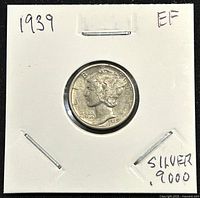 Obverse photo of 1939 US Mercury Dime, showing Liberty with winged cap in EF condition, mounted in protective white flip with annotations.