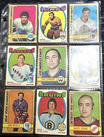 Front side of nine O-Pee-Chee NHL hockey player trading cards from 1971-3, each showing a player portrait, name, and team logo.
