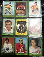 Nine hockey player cards in a page protector showing front sides with green borders featuring players in hockey uniforms