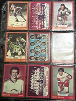 Top view of nine 1973-74 O-Pee-Chee red back NHL hockey player and team trading cards in a protective page sleeve.